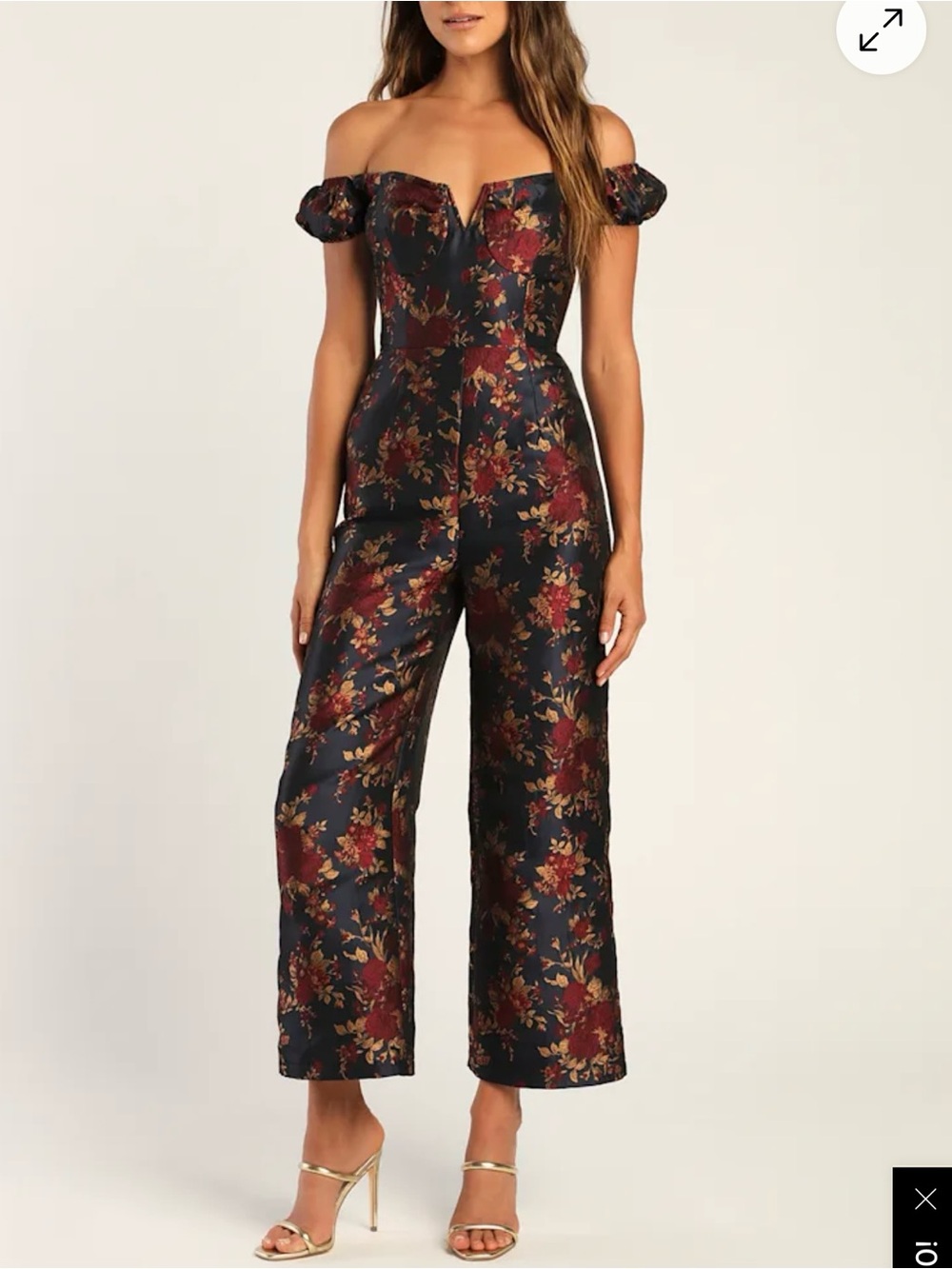 Lulu's Black Off-Shoulder Floral Jacquard Jumpsuit with Burgundy Blooms